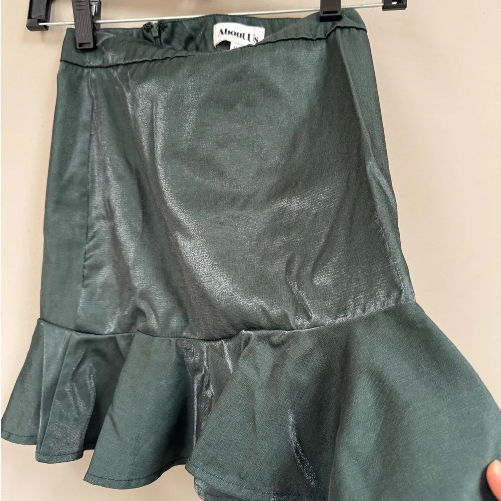 Anthro About Us Lorraine Ruched Skirt XXS Metallic Green Mini Party Skirt